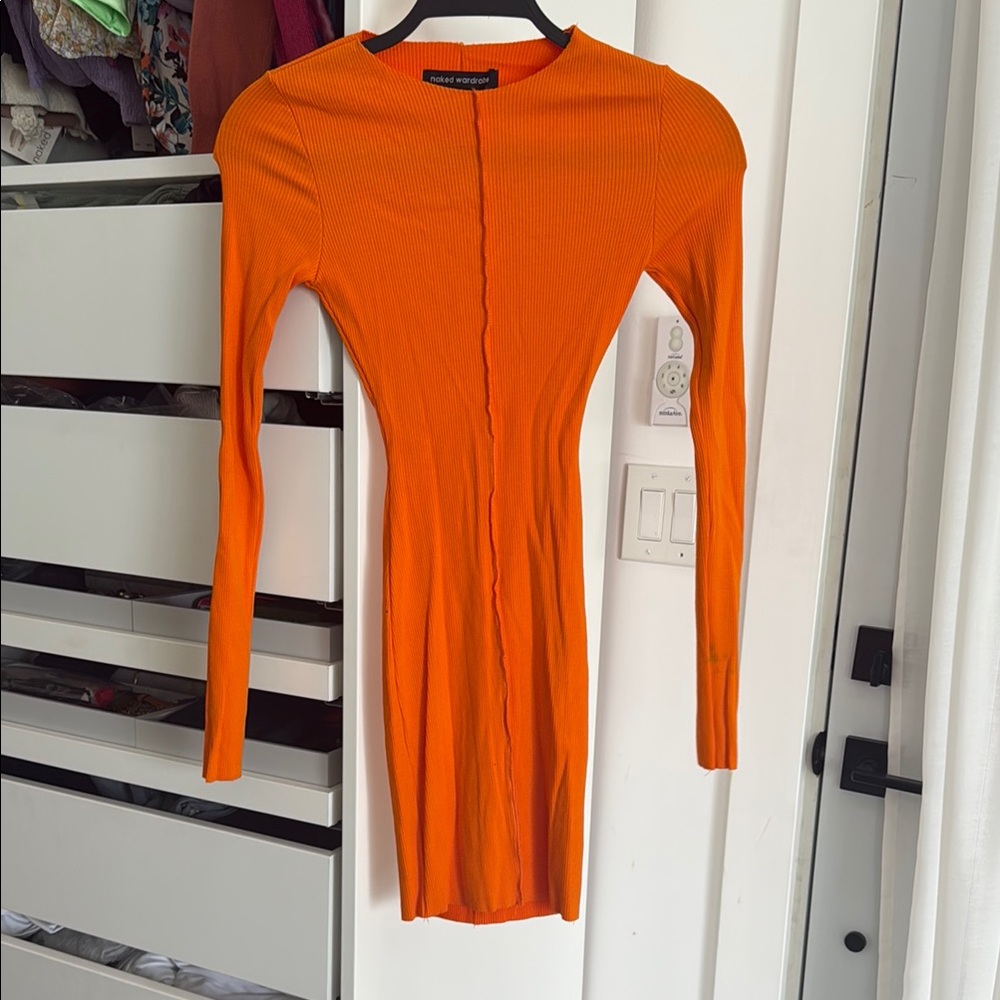 Orange and White Bodycon Dress with Long Sleeves Crew Neck Cocktail